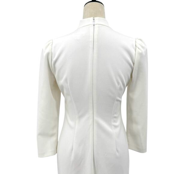 Calvin Klein White Crepe 3/4 Sleeve Pleated Mock Neck Knee Length Sheath Dress - Picture 7 of 12